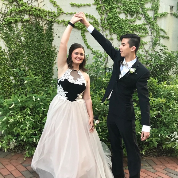 black and champagne prom dress